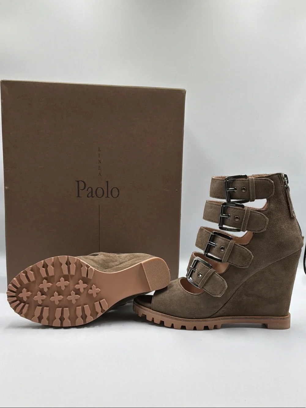 Linea Paolo Taupe Suede Multi-Strap Buckle Wedge Sandals